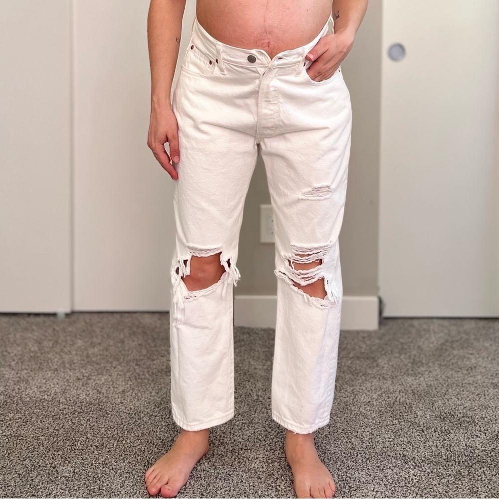 Levi's Premium 501 Big E Tab Cropped Distressed Jeans - High Rise Straight Leg